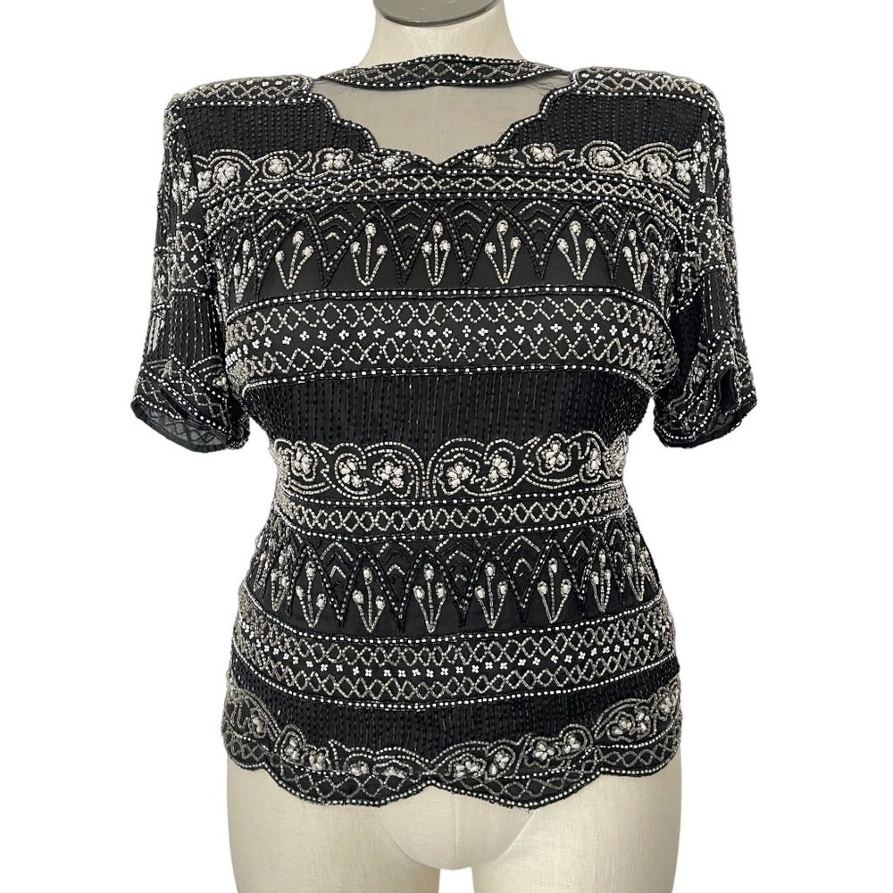 Laurence Kazar Evening Top Silk Black Sheer Chest Beaded Wearable Art XL